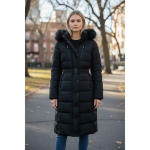 Michael Michael Kors Women S Long Puffer Coat Faux Fur Hood Belt Black NWT 0934